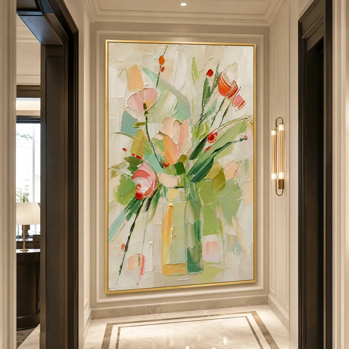 GARDEN'S BREATH: Textured Impasto Floral Still Life Oil Painting | gold frame stretched on neutral wall
