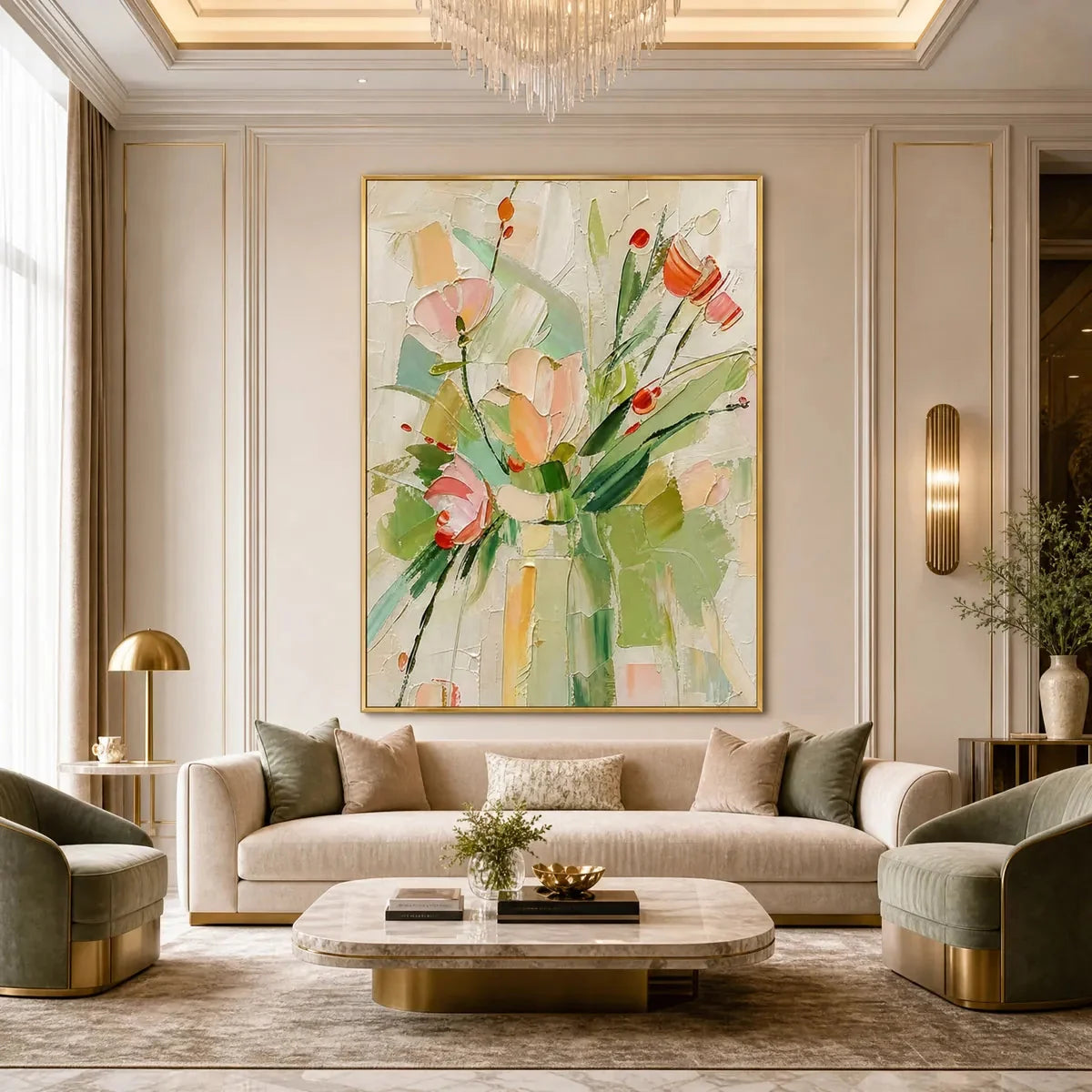 GARDEN'S BREATH: Textured Impasto Floral Still Life Oil Painting | black frame version on white wall