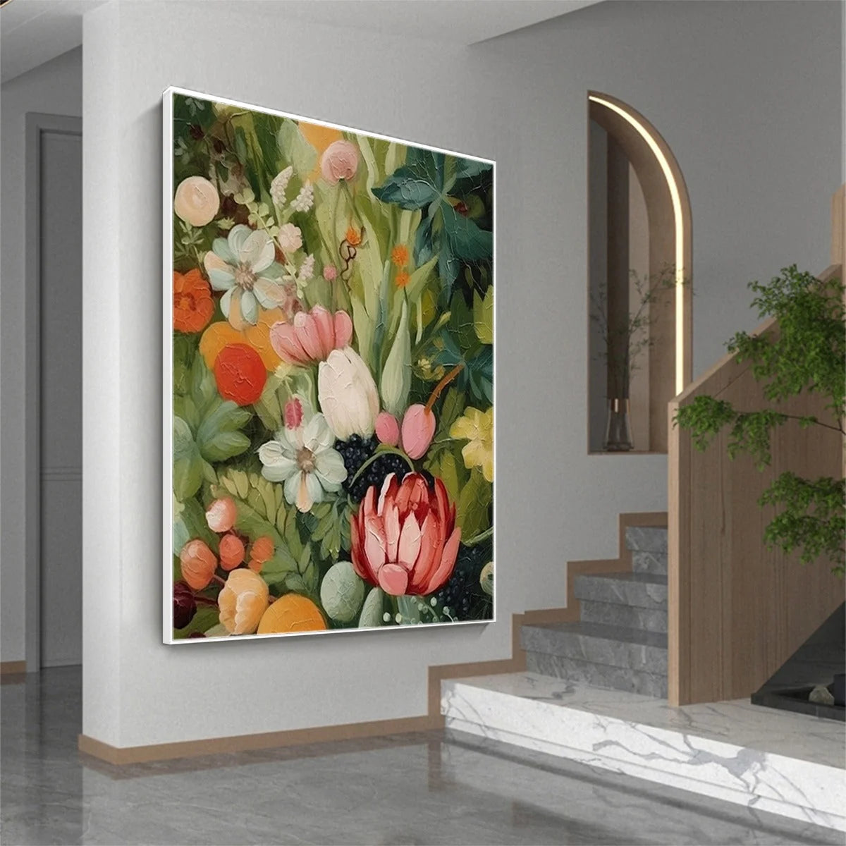 GARDEN'S GRACE: Textured Floral Still Life Oil Painting | gold frame stretched on neutral wall