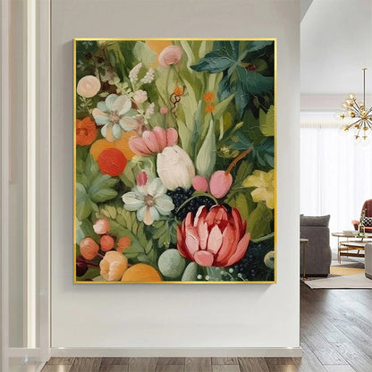 GARDEN'S GRACE: Textured Floral Still Life Oil Painting | black frame version on white wall