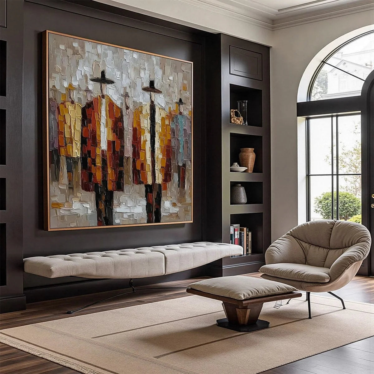 THE GATHERING: Abstract Figurative Palette Knife Impasto Painting | gold frame stretched on neutral wall