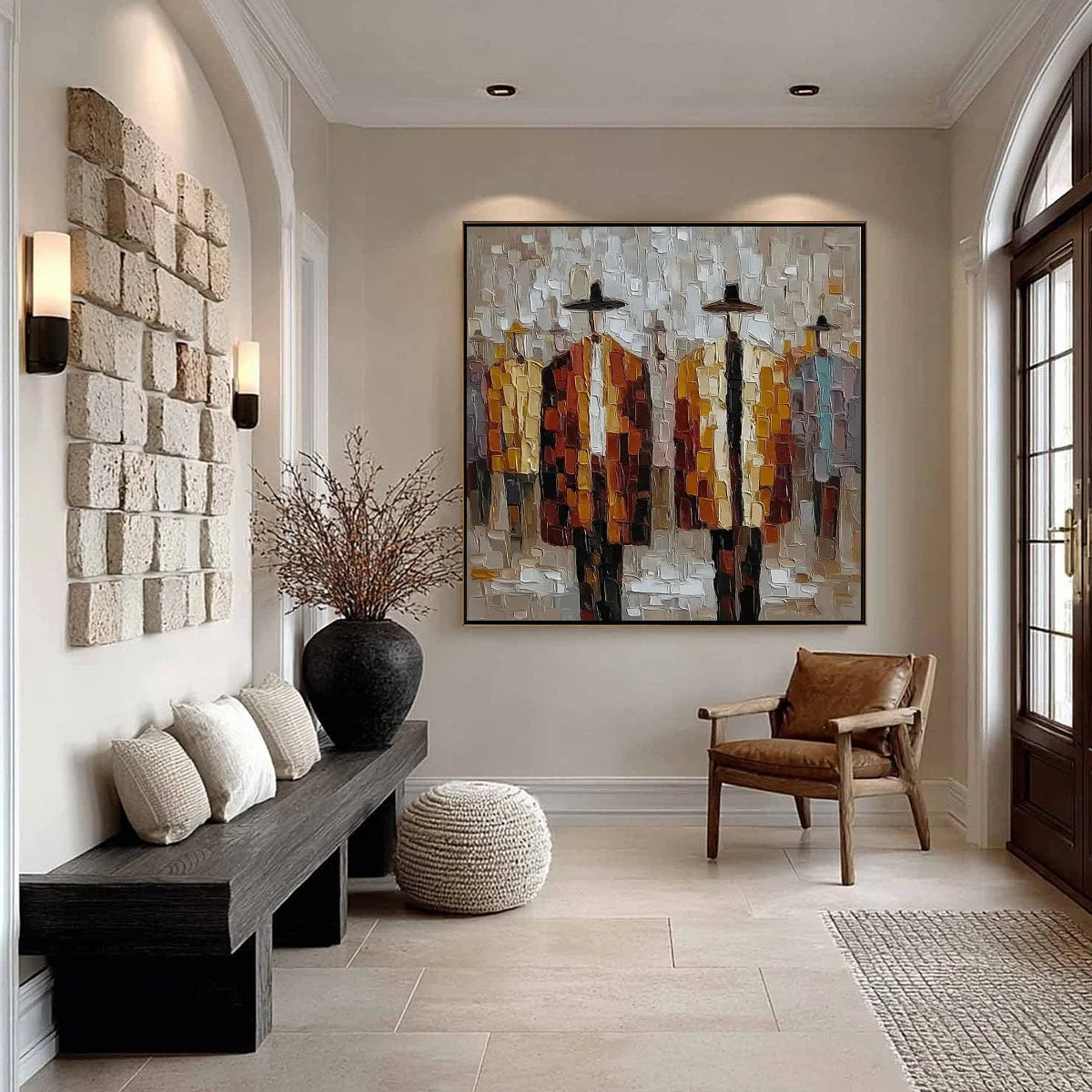 THE GATHERING: Abstract Figurative Palette Knife Impasto Painting | black frame version on white wall