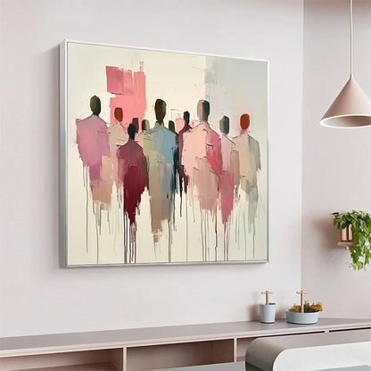 GATHERING: Abstract Figurative Palette Knife Oil Painting | gold frame stretched on neutral wall