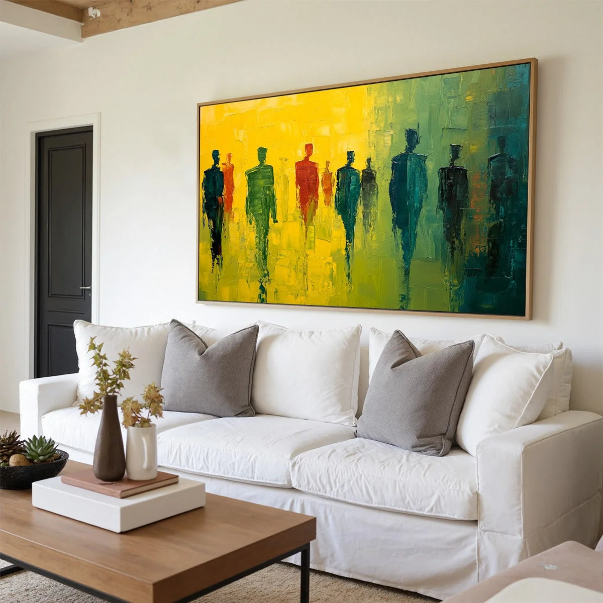 GATHERING LIGHT: Vibrant Abstract Figurative Oil Painting | gold frame stretched on neutral wall