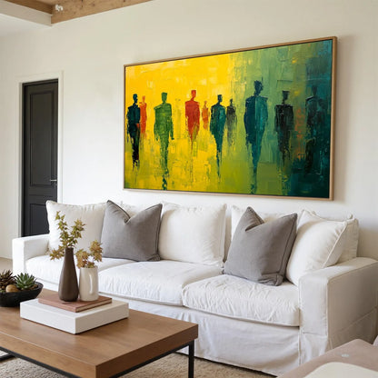 GATHERING LIGHT: Vibrant Abstract Figurative Oil Painting | gold frame stretched on neutral wall