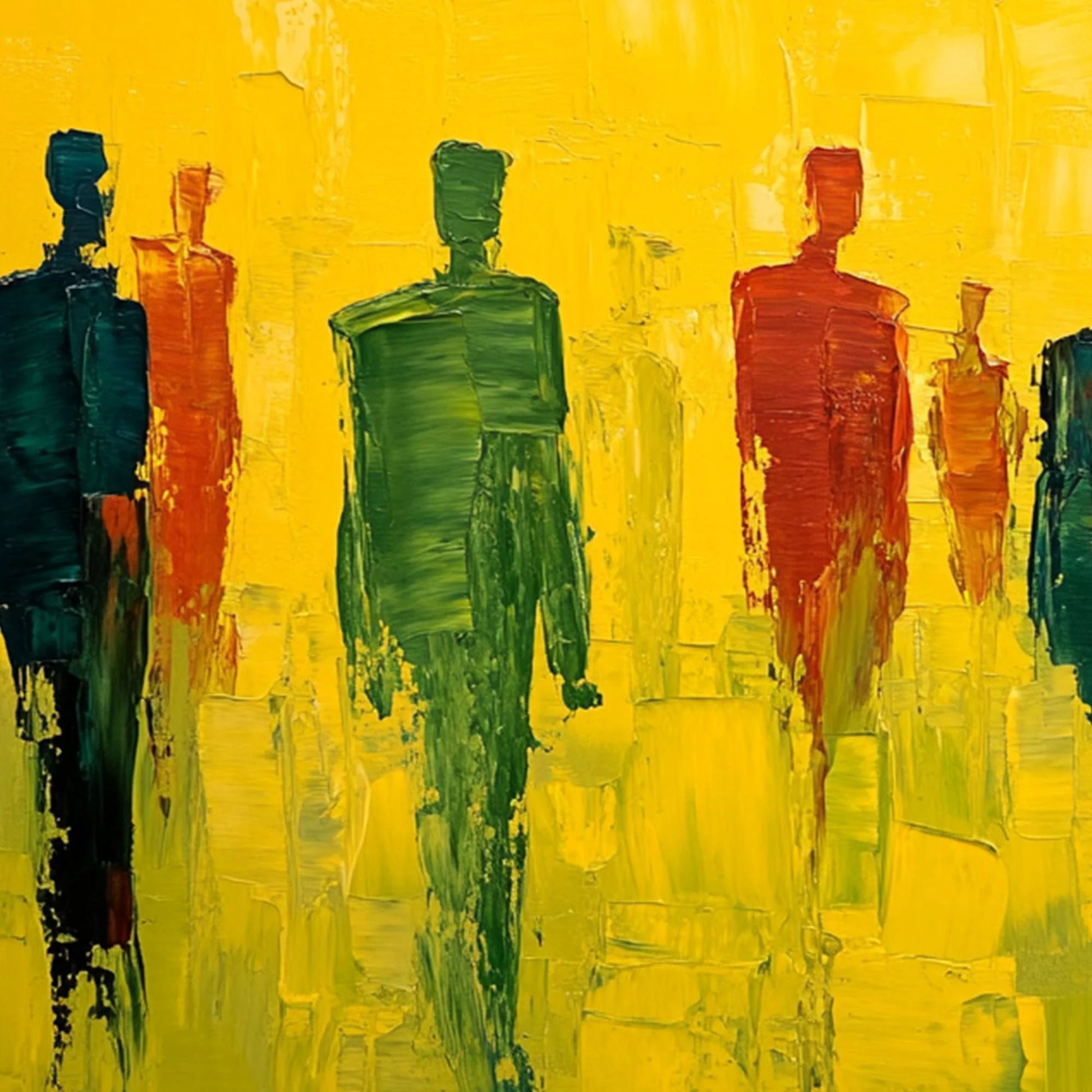 GATHERING LIGHT: Vibrant Abstract Figurative Oil Painting | black frame version on white wall