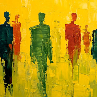 GATHERING LIGHT: Vibrant Abstract Figurative Oil Painting | black frame version on white wall
