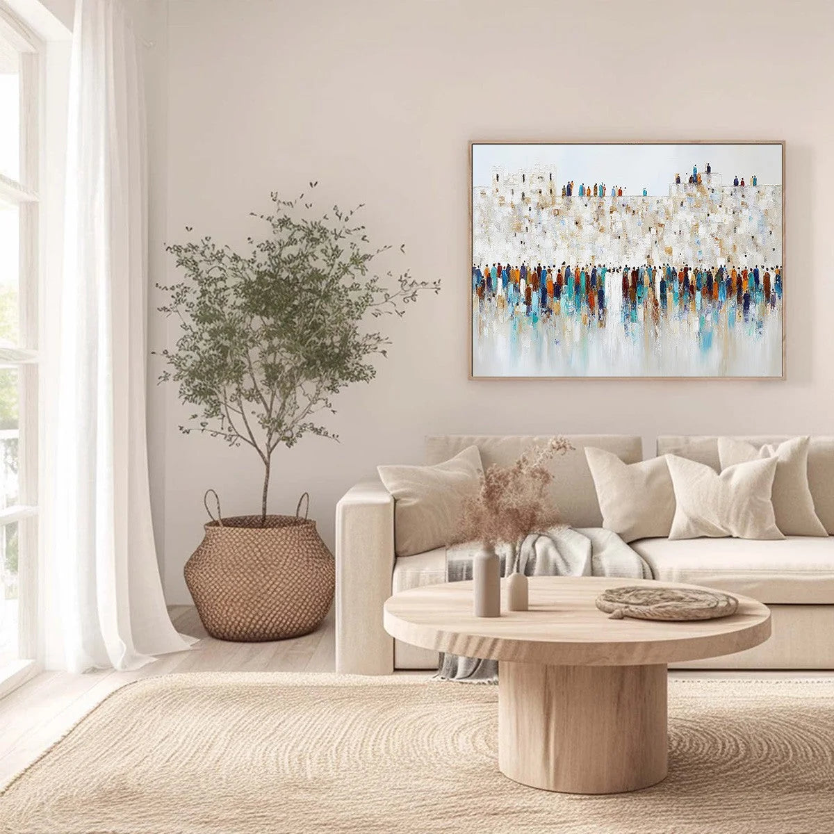 GATHERING: Textured Abstract Figurative Crowd Wall Art Painting | gold frame stretched on neutral wall