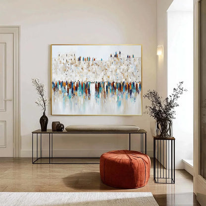 GATHERING: Textured Abstract Figurative Crowd Wall Art Painting | black frame version on white wall