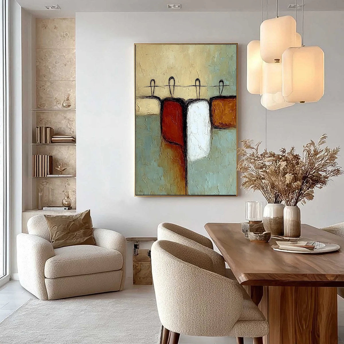 GATHERING: Textured Wabi Sabi Abstract Figurative Painting | gold frame stretched on neutral wall