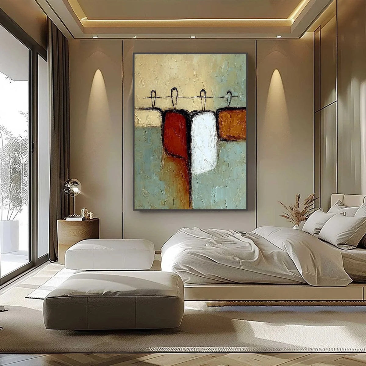 GATHERING: Textured Wabi Sabi Abstract Figurative Painting | black frame version on white wall