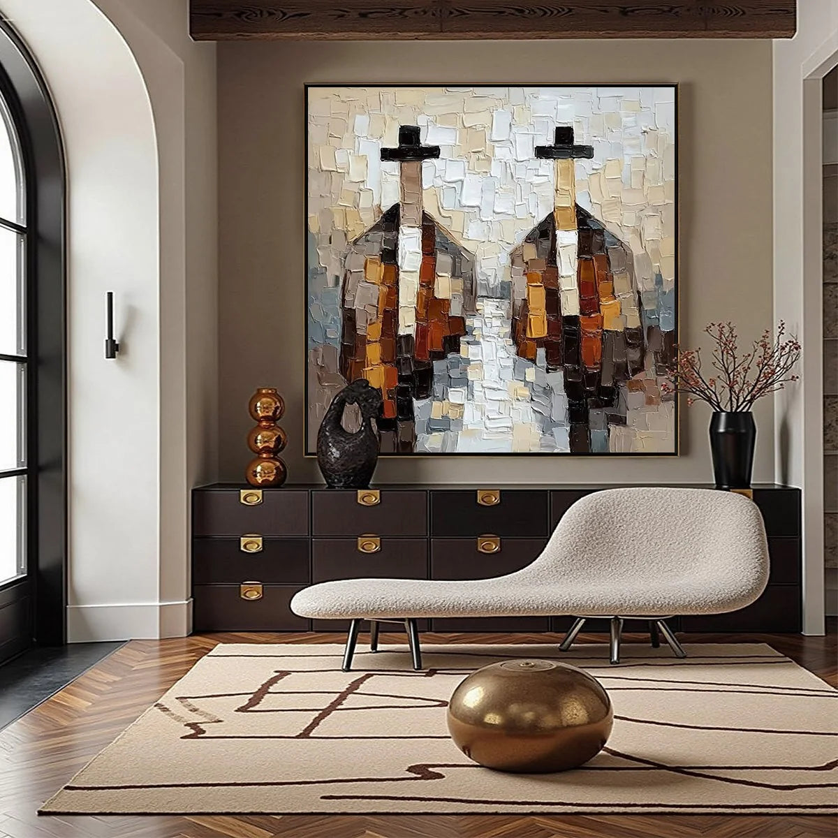 THE GENTLEMEN'S ACCORD: Textured Abstract Painting | gold frame stretched on neutral wall