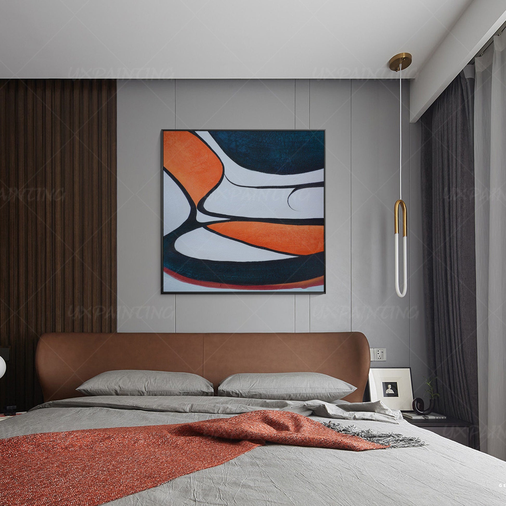 Geometric Abstract Acrylic Painting: Navy Blue & Orange Framed Canvas Art #4