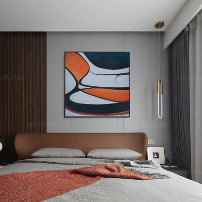 Geometric Abstract Acrylic Painting: Navy Blue & Orange Framed Canvas Art #4