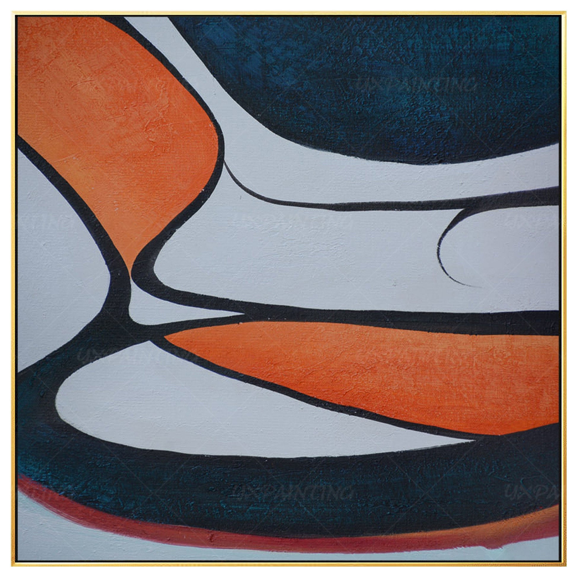 Geometric Abstract Acrylic Painting: Navy Blue & Orange Framed Canvas Art #7