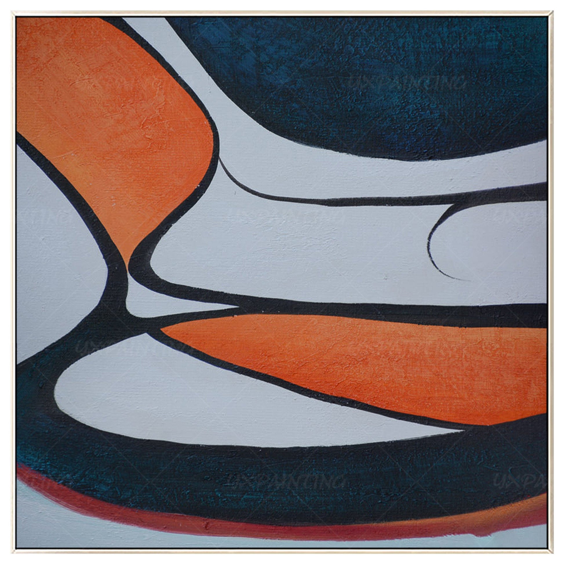 Geometric Abstract Acrylic Painting: Navy Blue & Orange Framed Canvas Art #8