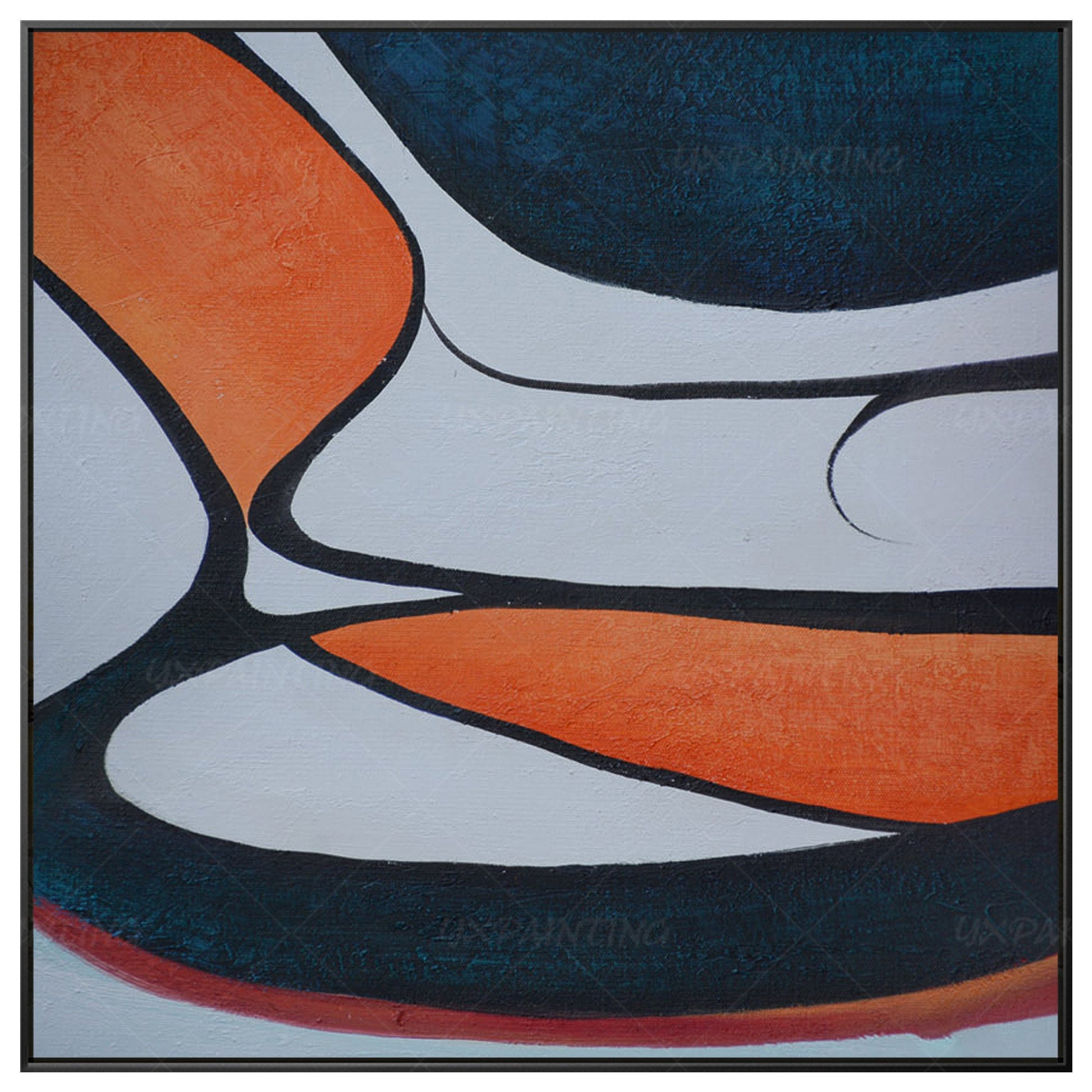 Geometric Abstract Acrylic Painting: Navy Blue & Orange Framed Canvas Art #9