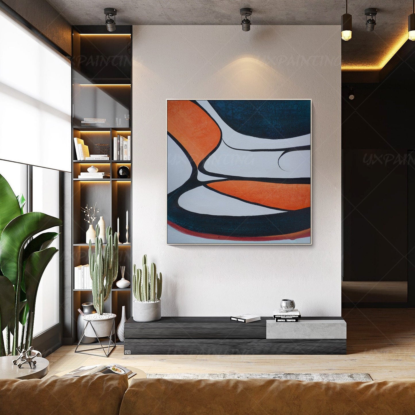 Geometric Abstract Acrylic Painting: Navy Blue & Orange Framed Canvas Art #1