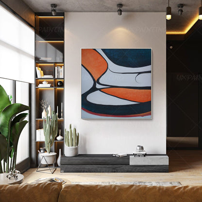 Geometric Abstract Acrylic Painting: Navy Blue & Orange Framed Canvas Art #1
