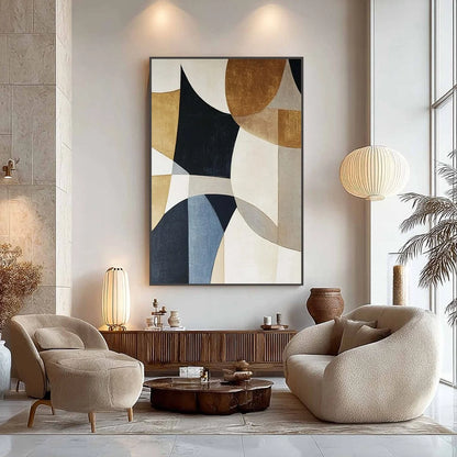 GEOMETRIC BALANCE: Abstract Minimalist Geometric Oil Painting | gold frame stretched on neutral wall