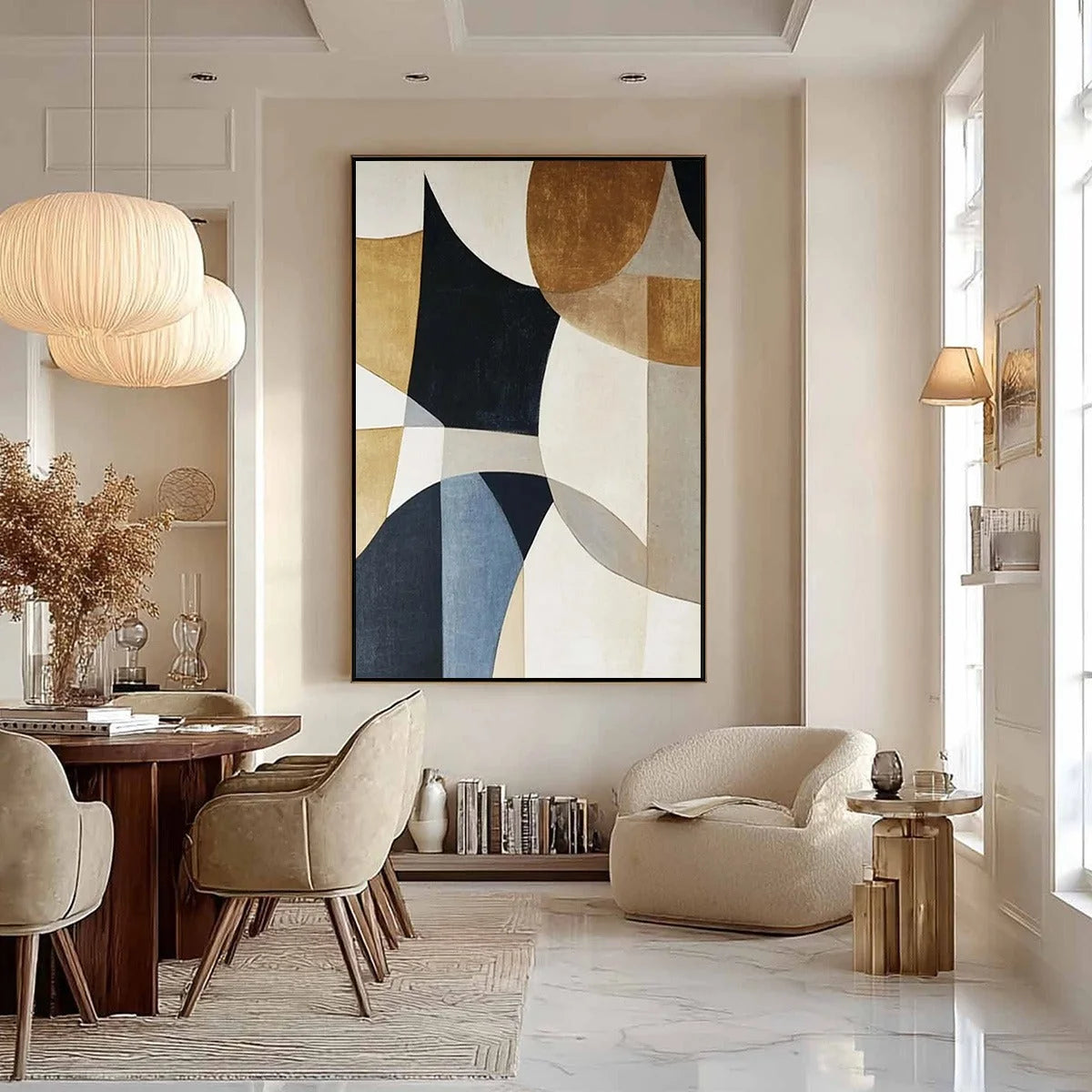 GEOMETRIC BALANCE: Abstract Minimalist Geometric Oil Painting | black frame version on white wall