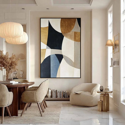 GEOMETRIC BALANCE: Abstract Minimalist Geometric Oil Painting | black frame version on white wall