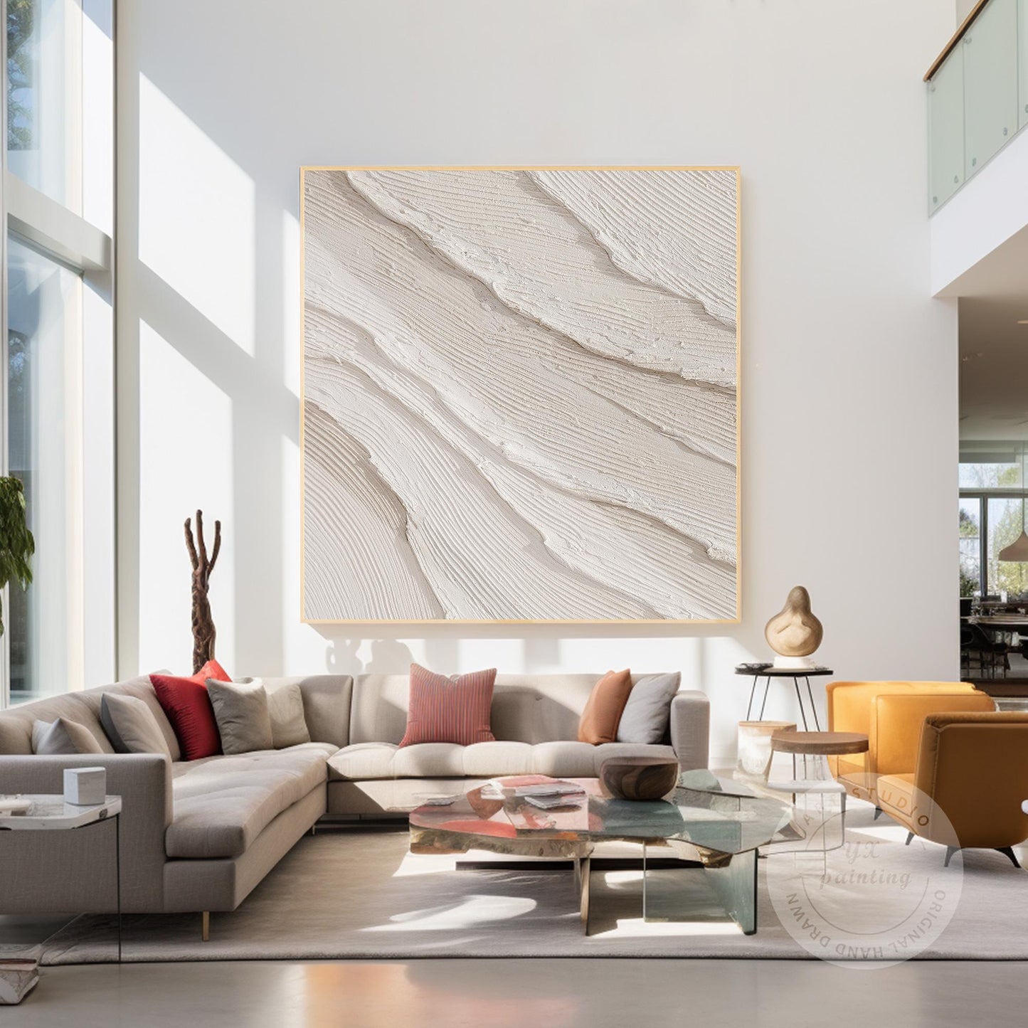 Getextureerde oceaangolven schilderij, crème beige gips muurkunst, 3D minimalist #15