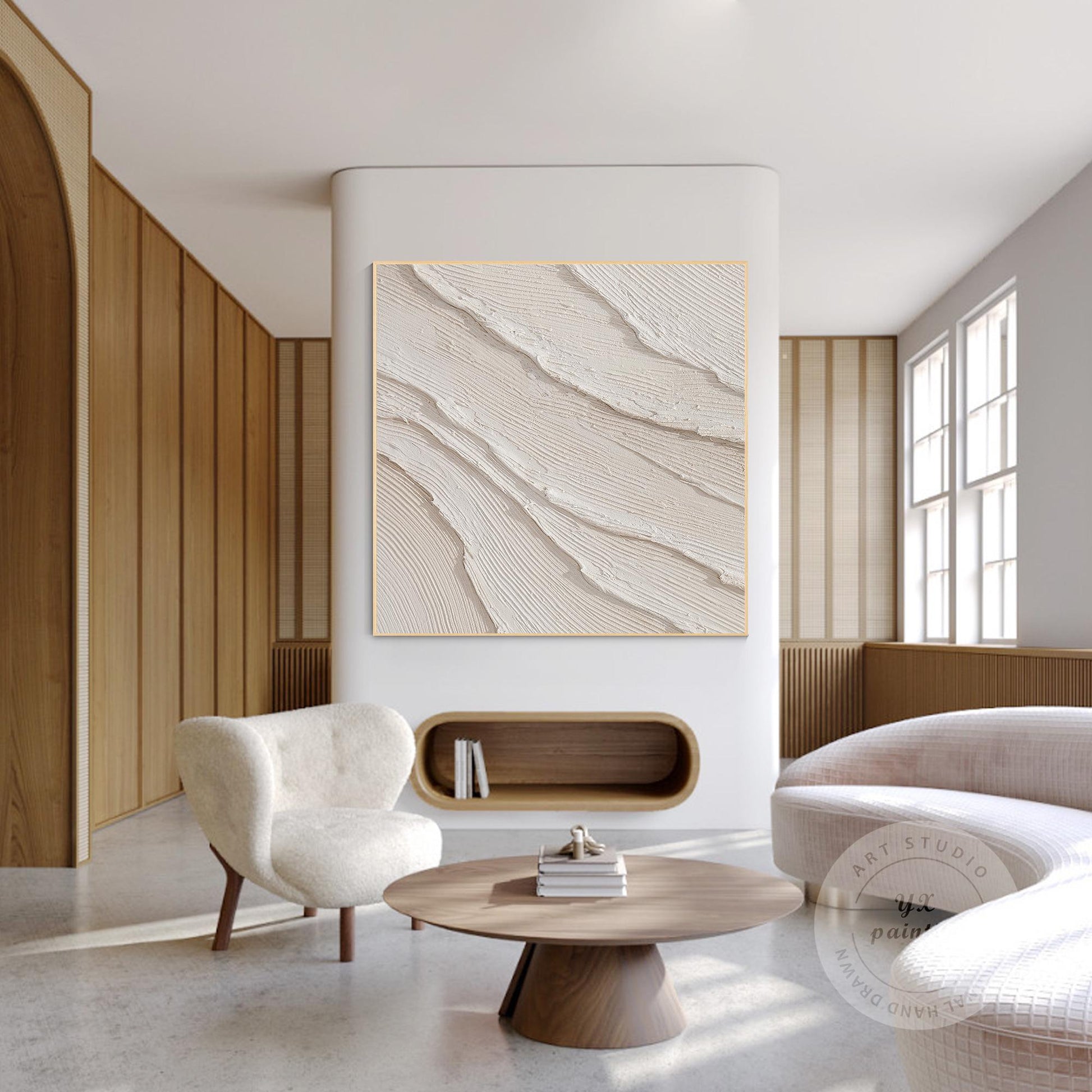 Getextureerde oceaangolven schilderij, crème beige gips muurkunst, 3D minimalist #3