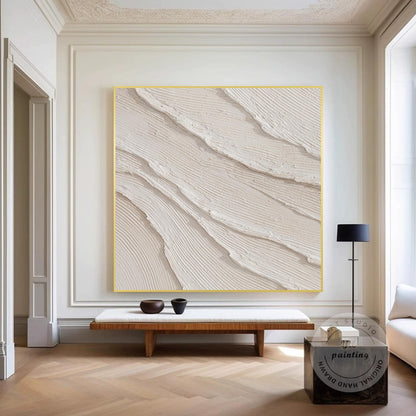 Getextureerde oceaangolven schilderij, crème beige gips muurkunst, 3D minimalist #5