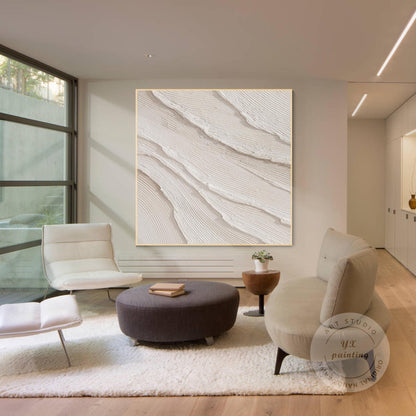 Getextureerde oceaangolven schilderij, crème beige gips muurkunst, 3D minimalist #1