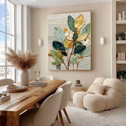 GILDED BOTANICA: Textured Palette Knife Floral Oil Painting | Abstract mood, soft natural light studio shot