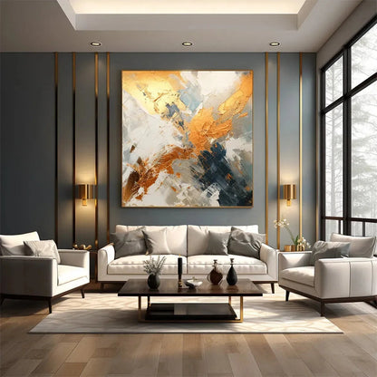 GILDED CONFLUENCE: Square Abstract Oil Painting with Gold, and Grey | Abstract closeup, raised brushwork detail