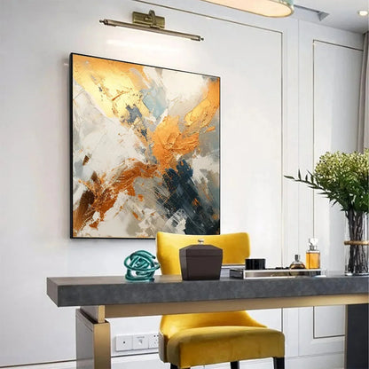 GILDED CONFLUENCE: Square Abstract Oil Painting with Gold, and Grey | rectangular format, hand-painted canvas edge