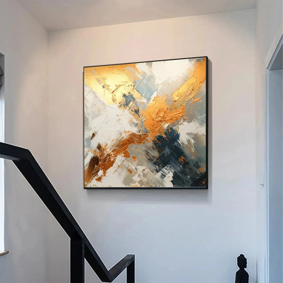 GILDED CONFLUENCE: Square Abstract Oil Painting with Gold, and Grey | gold frame stretched on neutral wall