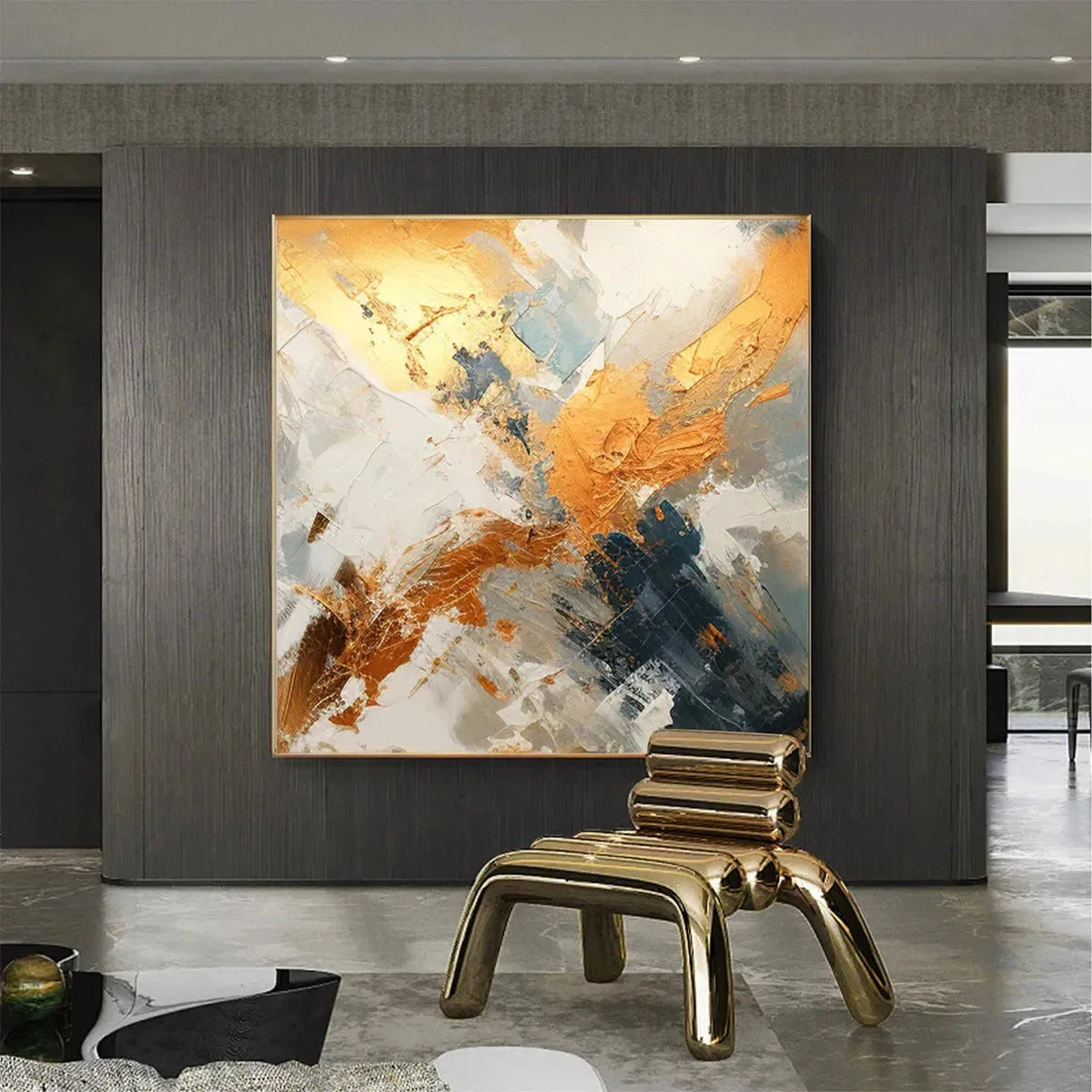 GILDED CONFLUENCE: Square Abstract Oil Painting with Gold, and Grey | rolled canvas, ready for custom framing
