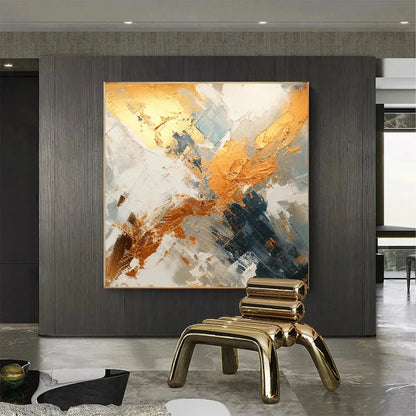 GILDED CONFLUENCE: Square Abstract Oil Painting with Gold, and Grey | rolled canvas, ready for custom framing