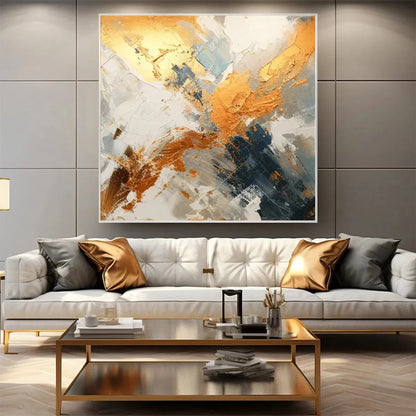 GILDED CONFLUENCE: Square Abstract Oil Painting with Gold, and Grey | black frame version on white wall