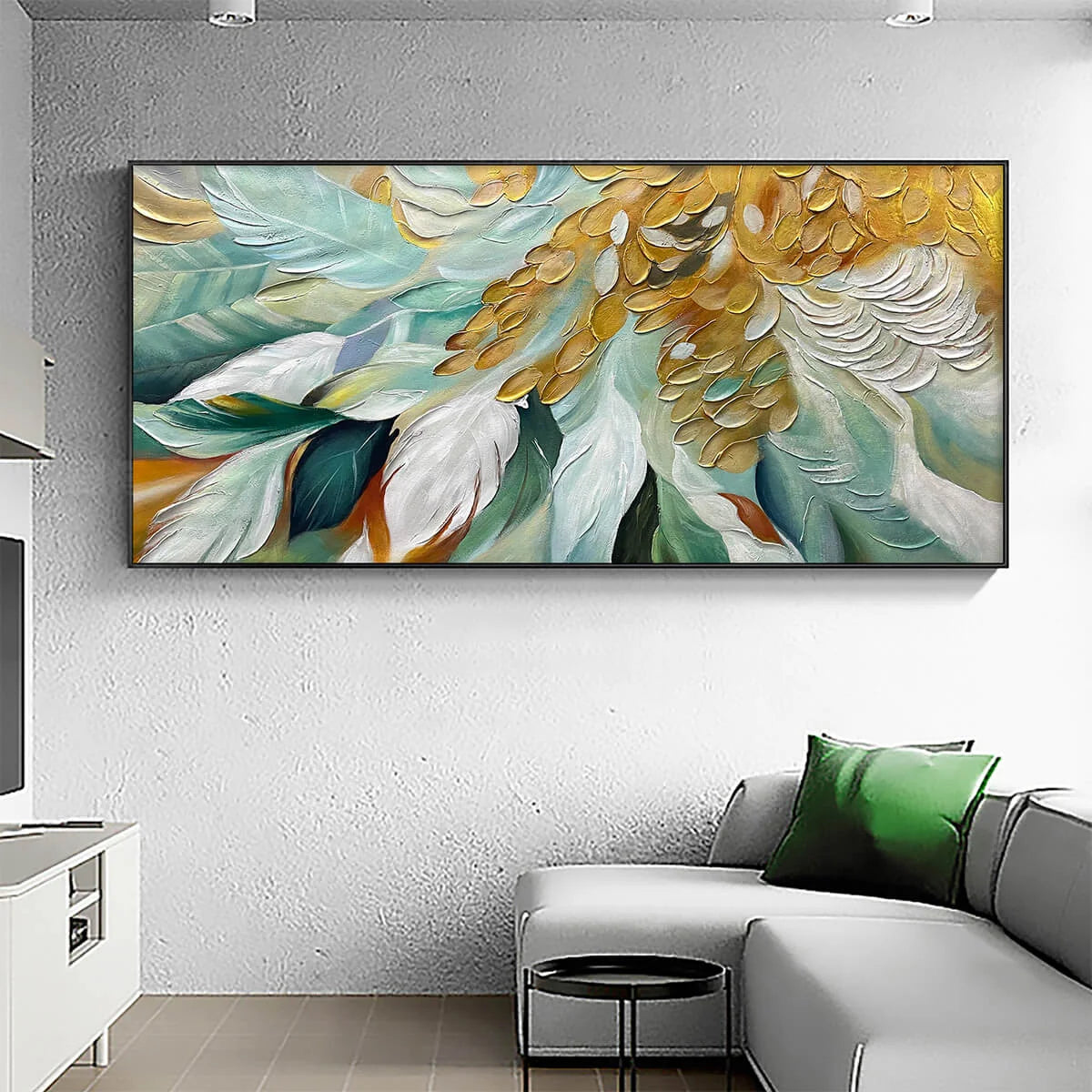 GILDED GARDEN: Green and Gold Floral Textured Impasto Oil Painting | Abstract closeup, raised brushwork detail