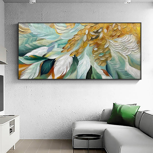 GILDED GARDEN: Green and Gold Floral Textured Impasto Oil Painting
