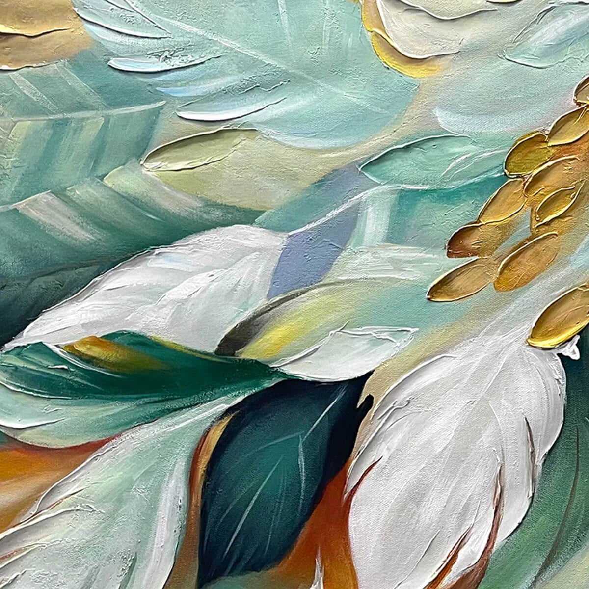 GILDED GARDEN: Green and Gold Floral Textured Impasto Oil Painting | rectangular format, hand-painted canvas edge