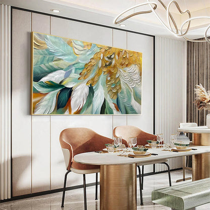 GILDED GARDEN: Green and Gold Floral Textured Impasto Oil Painting | gold frame stretched on neutral wall