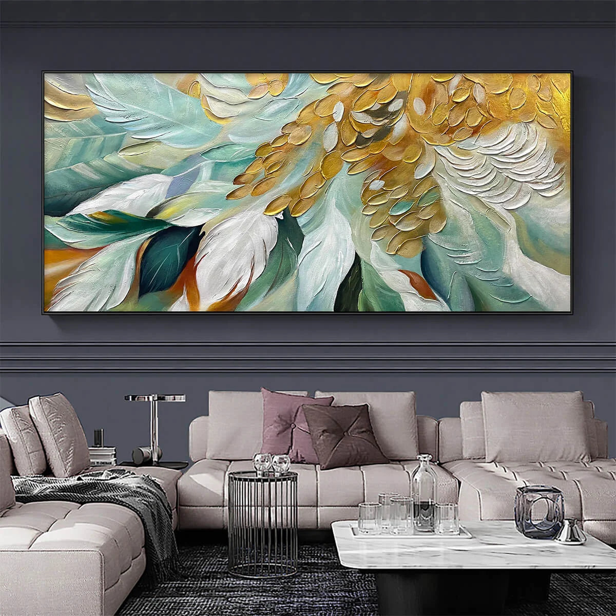 GILDED GARDEN: Green and Gold Floral Textured Impasto Oil Painting | black frame version on white wall