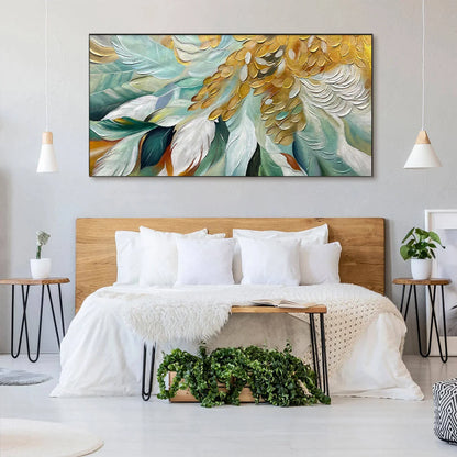 GILDED GARDEN: Green and Gold Floral Textured Impasto Oil Painting | Abstract mood, soft natural light studio shot