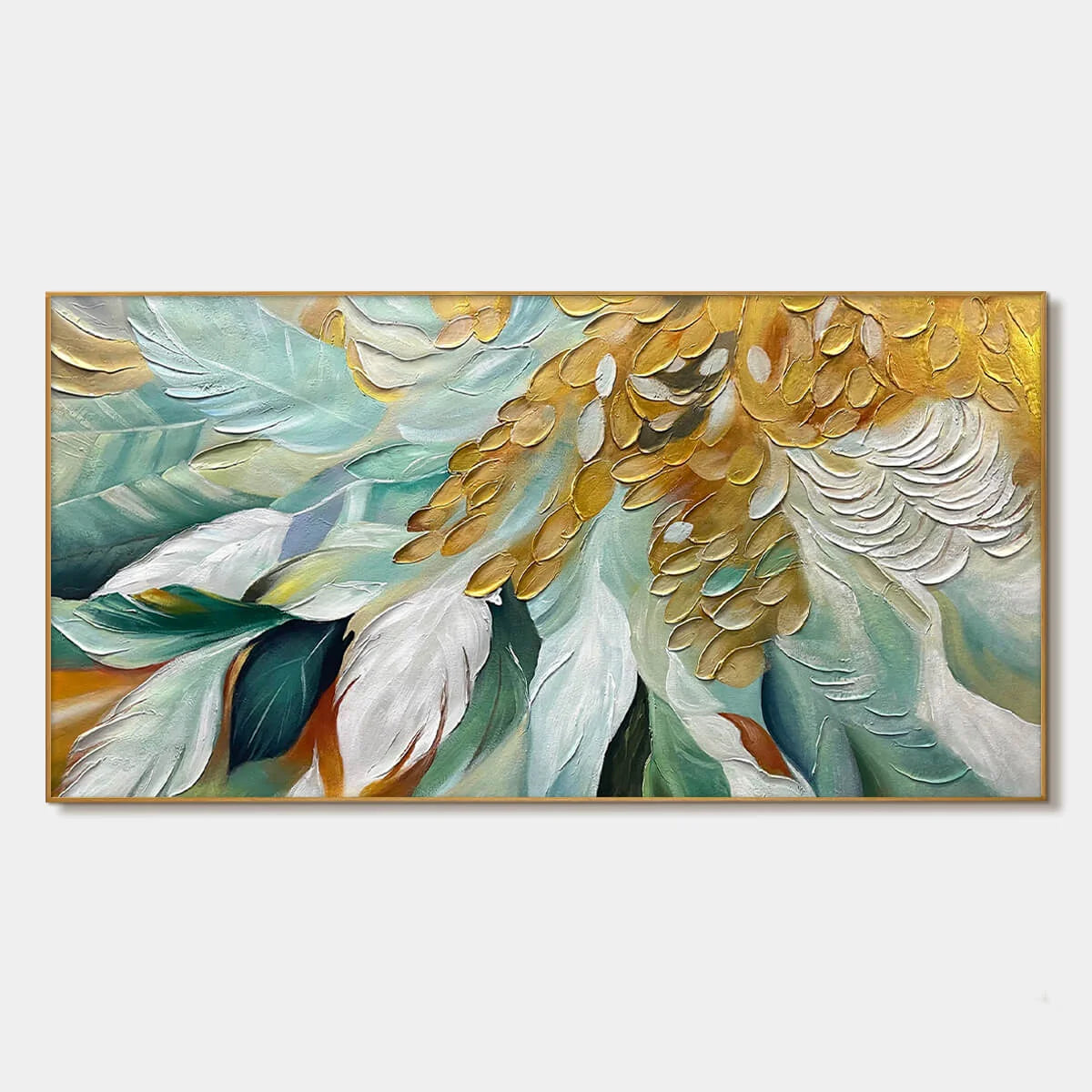 GILDED GARDEN: Green and Gold Floral Textured Impasto Oil Painting | hanging in living room, Abstract wall art