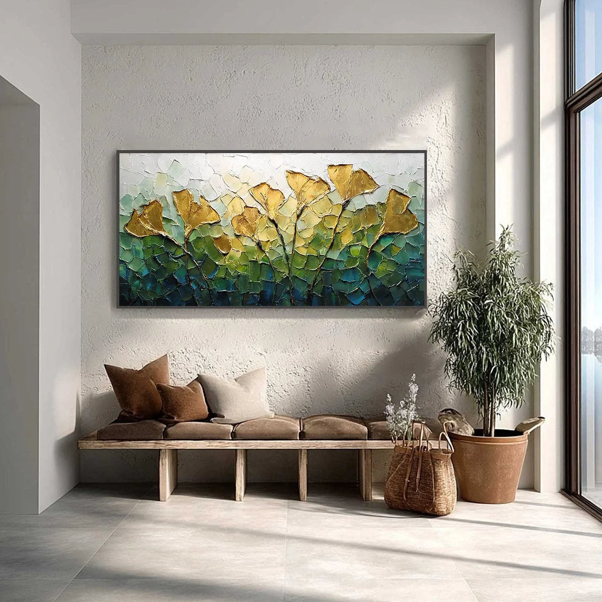 GILDED GINKGO: Textured Golden Floral Impasto Oil Painting | Abstract closeup, raised brushwork detail