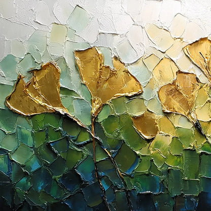 GILDED GINKGO: Textured Golden Floral Impasto Oil Painting | rectangular format, hand-painted canvas edge