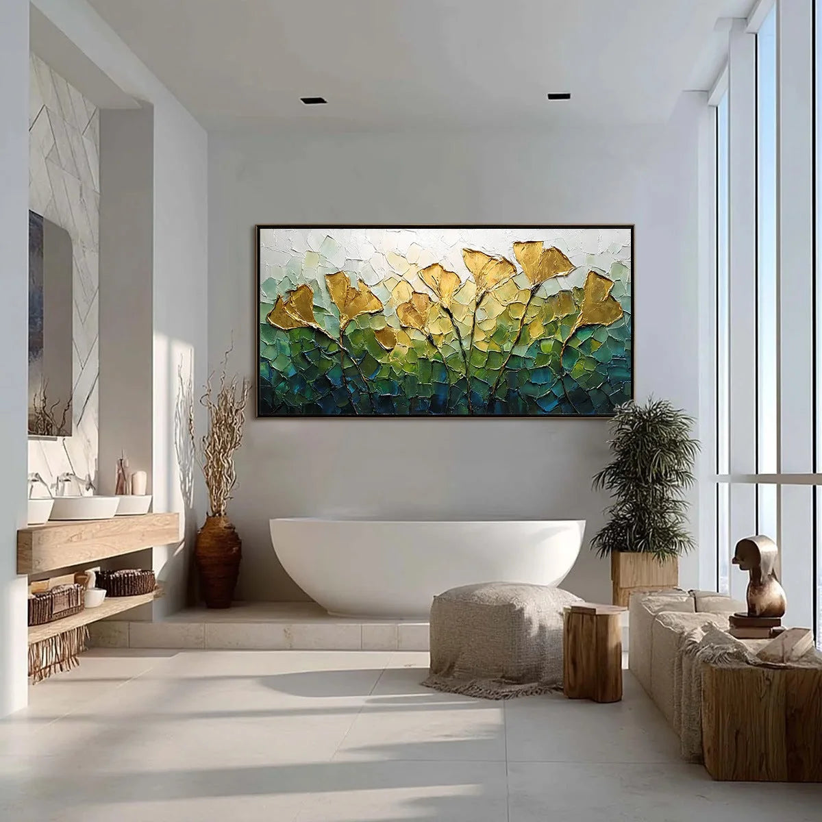 GILDED GINKGO: Textured Golden Floral Impasto Oil Painting | gold frame stretched on neutral wall