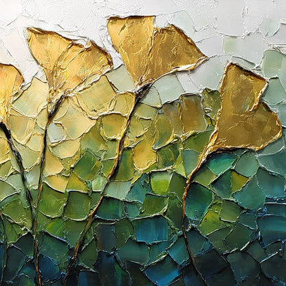 GILDED GINKGO: Textured Golden Floral Impasto Oil Painting | rolled canvas, ready for custom framing