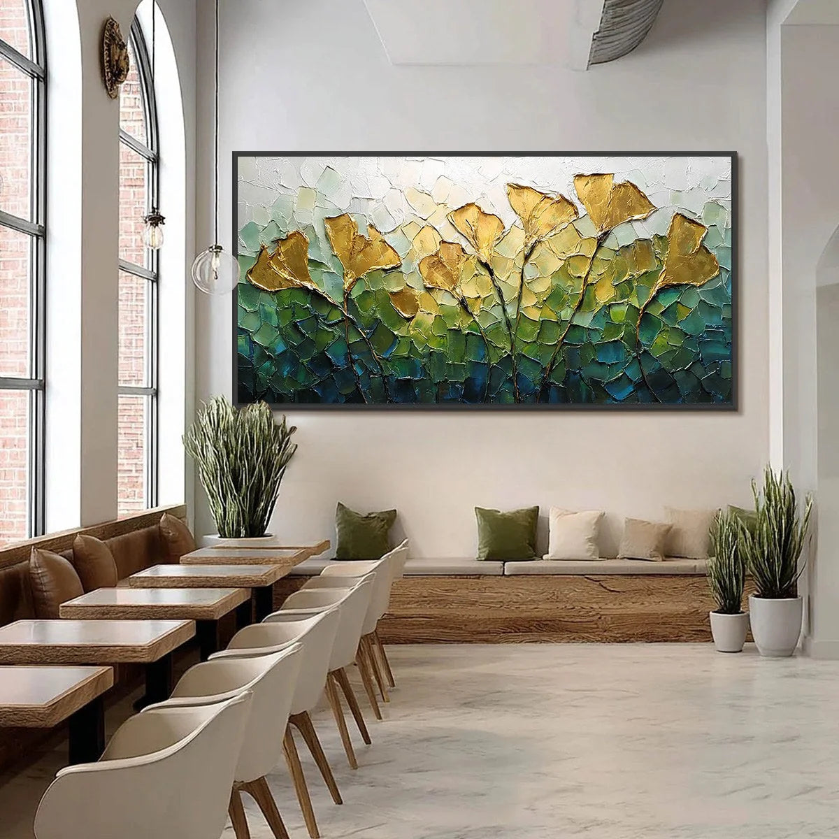 GILDED GINKGO: Textured Golden Floral Impasto Oil Painting | black frame version on white wall