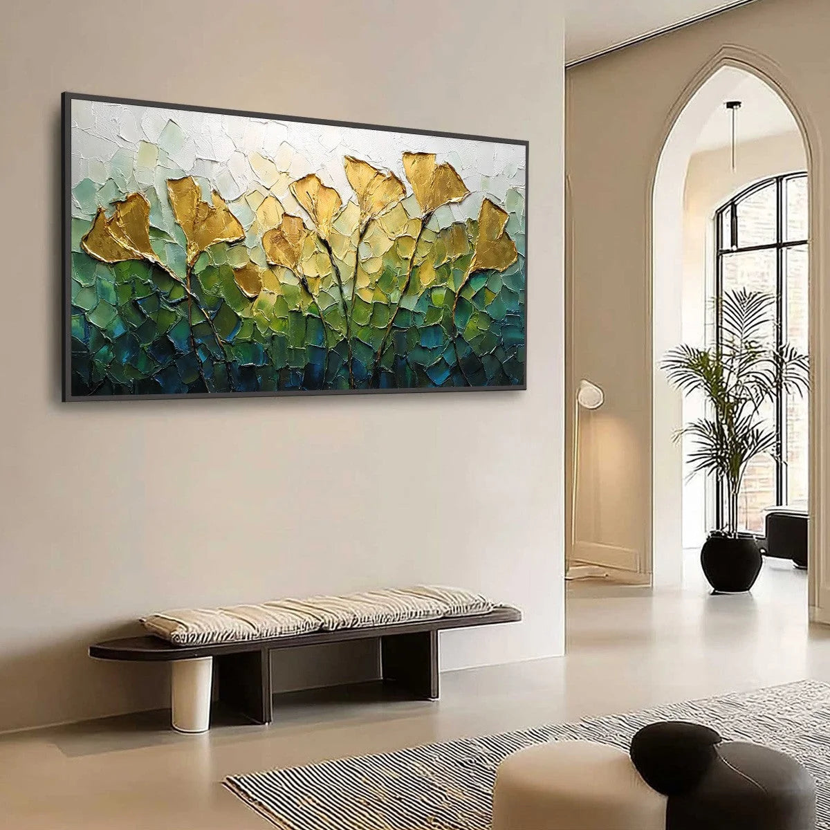 GILDED GINKGO: Textured Golden Floral Impasto Oil Painting | Abstract mood, soft natural light studio shot